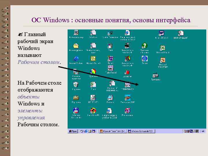 ОС Windows : основные понятия, основы интерфейса Главный рабочий экран Windows называют Рабочим столом.