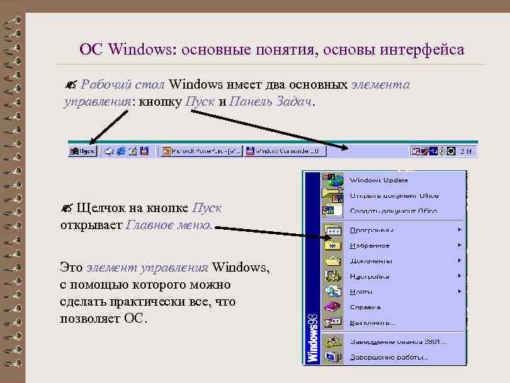 ОС Windows: основные понятия, основы интерфейса Рабочий стол Windows имеет два основных элемента управления: