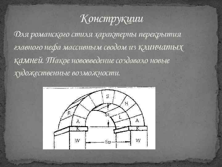 Конструкции Для романского стиля характерны перекрытия главного нефа массивным сводом из клинчатых камней. Такое