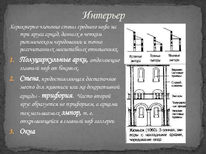 Интерьер Характерно членение стены среднего нефа на три яруса аркад, данных в четком ритмическом