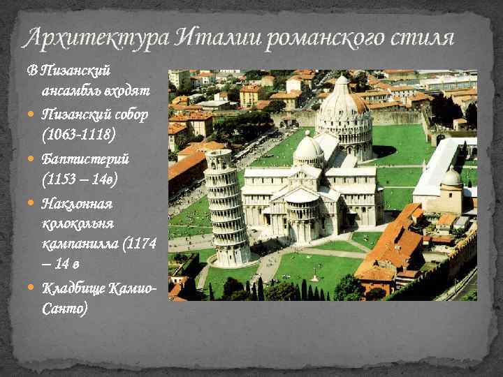 Архитектура Италии романского стиля В Пизанский ансамбль входят Пизанский собор (1063 -1118) Баптистерий (1153
