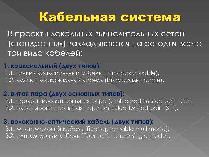  Кабельная система В проекты локальных вычислительных сетей (стандартных) закладываются на сегодня всего три