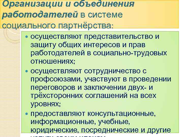 Организации и объединения работодателей в системе социального партнёрства: осуществляют представительство и защиту общих интересов