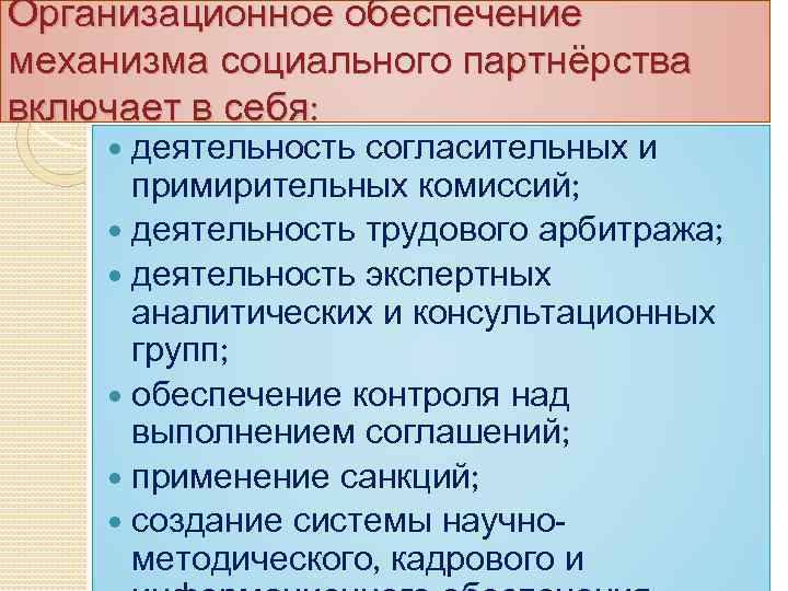 Организационное обеспечение механизма социального партнёрства включает в себя: деятельность согласительных и примирительных комиссий; деятельность