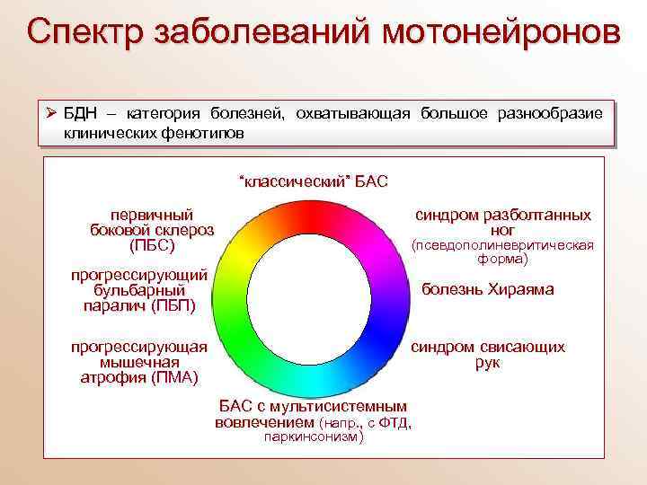 Спектр заболеваний мотонейронов Ø БДН – категория болезней, охватывающая большое разнообразие клинических фенотипов “классический”