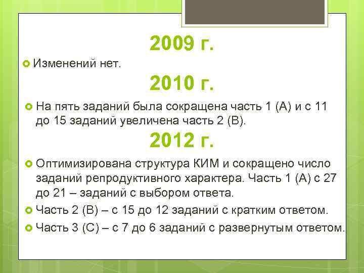 2009 г. Изменений нет. 2010 г. На пять заданий была сокращена часть 1 (А)