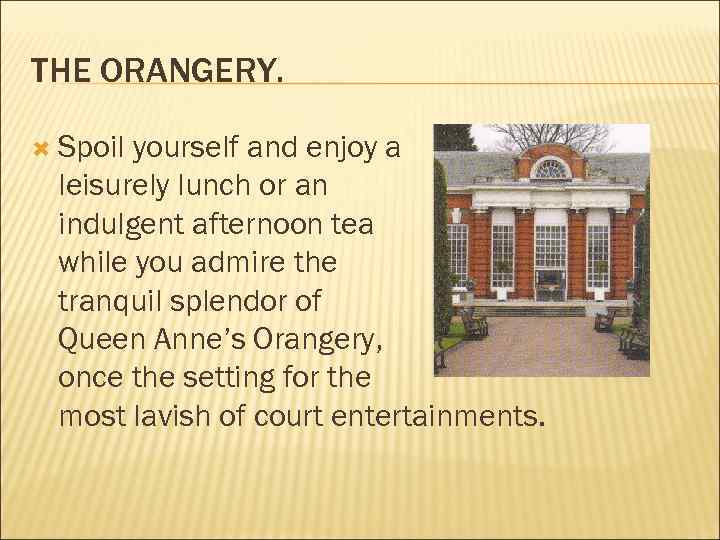 THE ORANGERY. Spoil yourself and enjoy a leisurely lunch or an indulgent afternoon tea