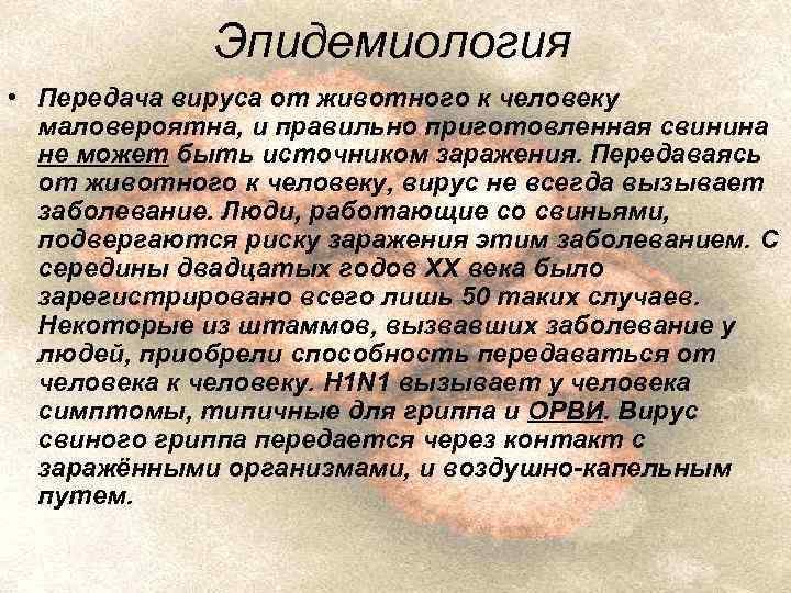 Эпидемиология • Передача вируса от животного к человеку маловероятна, и правильно приготовленная свинина не