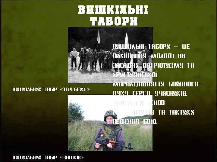 ВИШКІЛЬНІ ТАБОРИ Вишкільний табір «теребеже» Вишкільний табір «Зашків» Вишкільні табори – це Виховання молоді