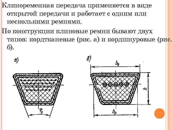 Клиноременная передача применяется в виде открытой передачи и работает с одним или несколькими ремнями.