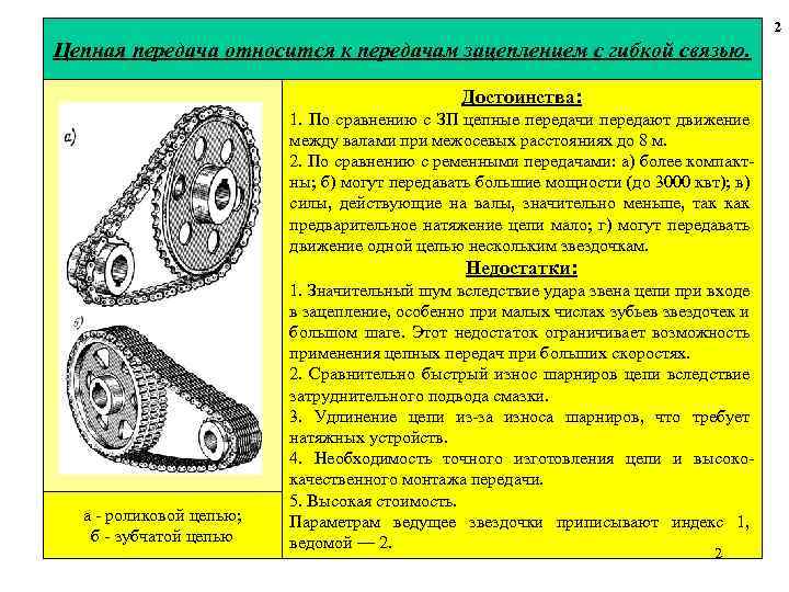 2 Цепная передача относится к передачам зацеплением с гибкой связью. Достоинства: 1. По сравнению