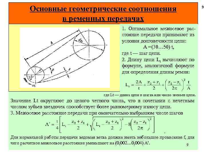 Основные геометрические соотношения в ременных передачах 1. Оптимальное межосевое расстояние передачи принимают из условия