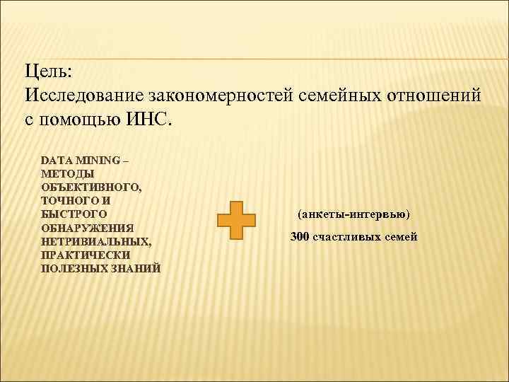 Цель: Исследование закономерностей семейных отношений с помощью ИНС. DATA MINING – МЕТОДЫ ОБЪЕКТИВНОГО, ТОЧНОГО