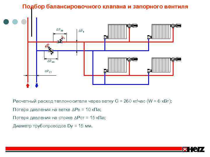 Подбор балансировочного клапана и запорного вентиля PЗВ PБВ PСТ Расчетный расход теплоносителя через ветку