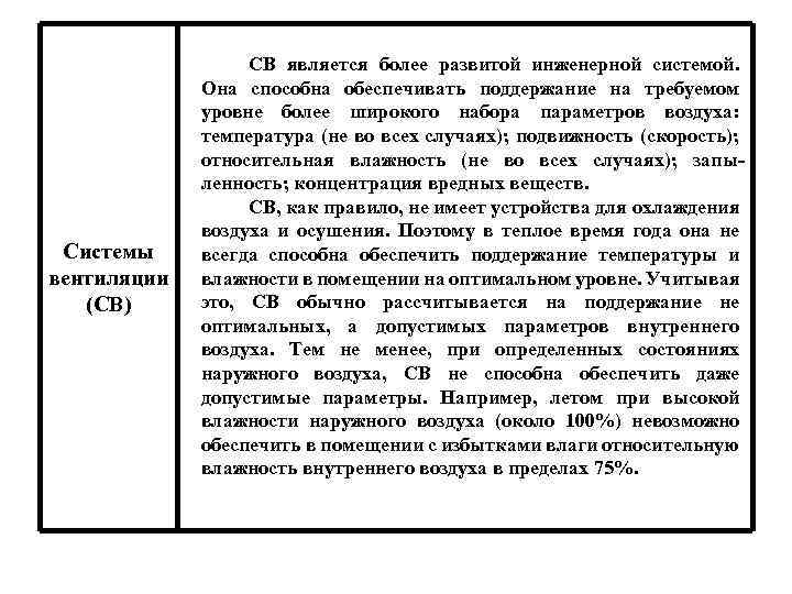 Системы вентиляции (СВ) СВ является более развитой инженерной системой. Она способна обеспечивать поддержание на