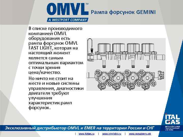 Рампа форсунок GEMINI В списке производимого компанией OMVL оборудования есть рампа форсунок OMVL FAST