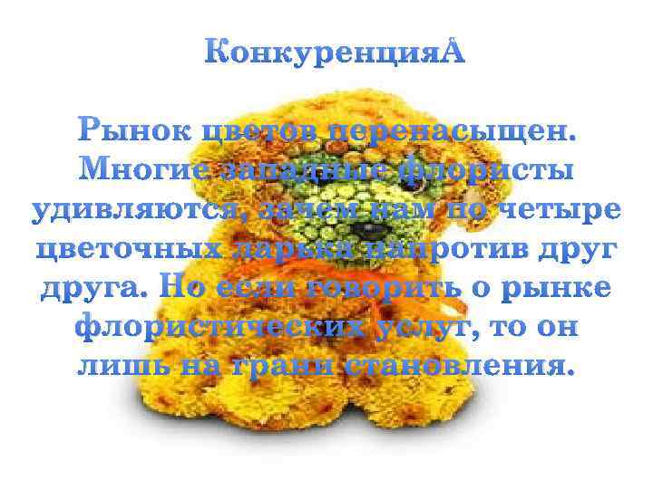 Конкуренция Рынок цветов перенасыщен. Многие западные флористы удивляются, зачем нам по четыре цветочных ларька