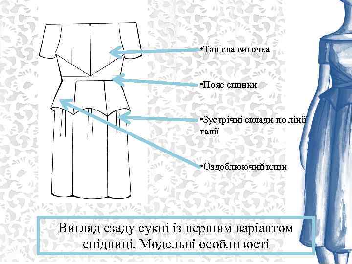  • Талієва виточка • Пояс спинки • Зустрічні склади по лінії талії •