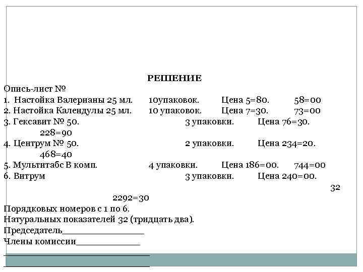 РЕШЕНИЕ Опись-лист № 1. Настойка Валерианы 25 мл. 2. Настойка Календулы 25 мл. 3.