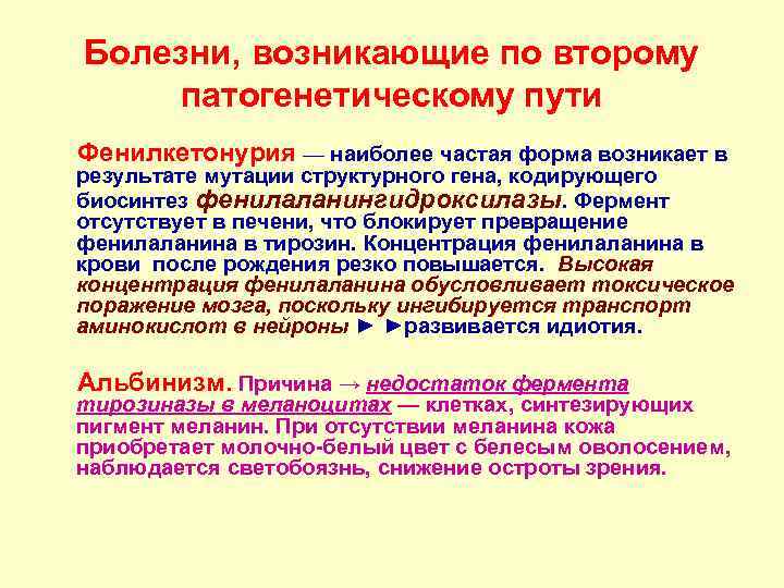 Болезни, возникающие по второму патогенетическому пути Фенилкетонурия — наиболее частая форма возникает в результате