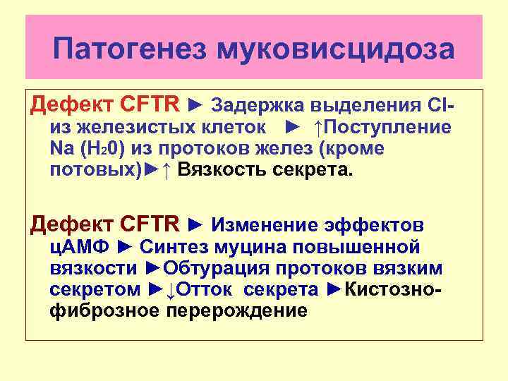 Патогенез муковисцидоза Дефект CFTR ► Задержка выделения Cl- из железистых клеток ► ↑Поступление Na