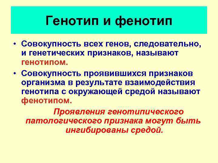 Генотип и фенотип • Совокупность всех генов, следовательно, и генетических признаков, называют генотипом. •