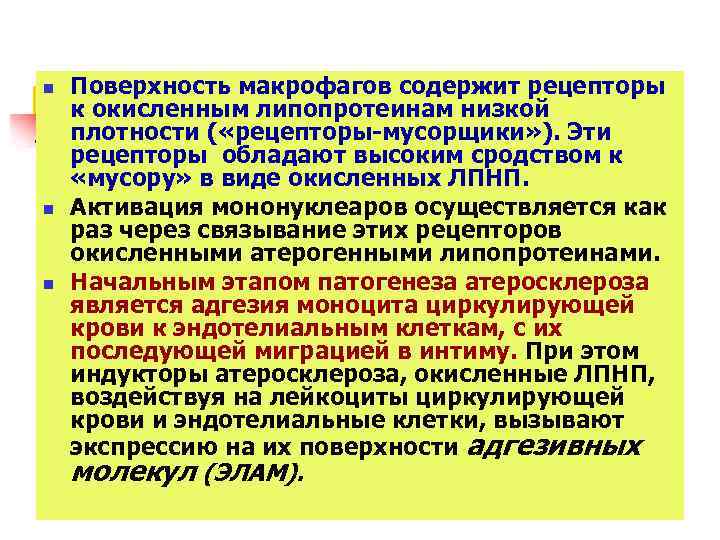 n n n Поверхность макрофагов содержит рецепторы к окисленным липопротеинам низкой плотности ( «рецепторы-мусорщики»