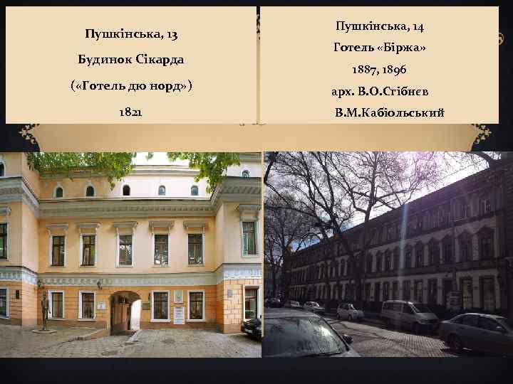 Пушкінська, 13 Будинок Сікарда ( «Готель дю норд» ) 1821 Пушкінська, 14 Готель «Біржа»