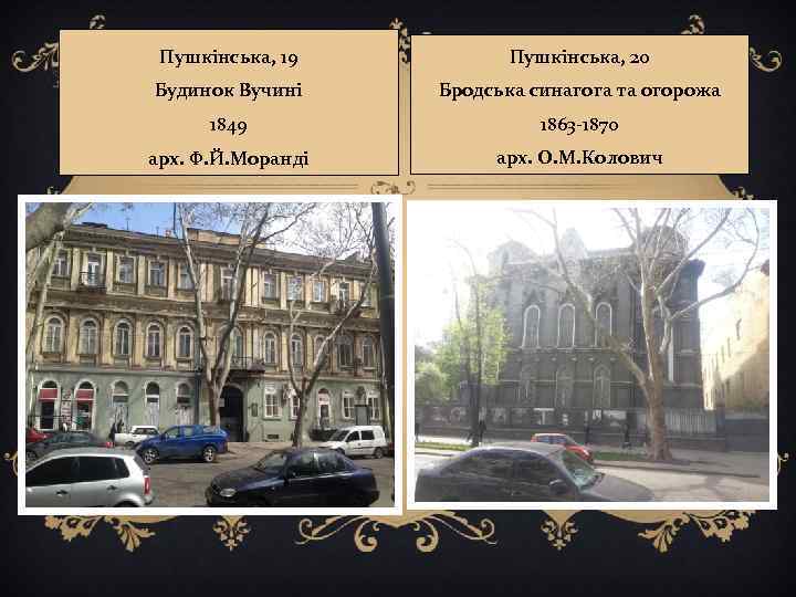 Пушкінська, 19 Пушкінська, 20 Будинок Вучині Бродська синагога та огорожа 1849 1863 -1870 арх.