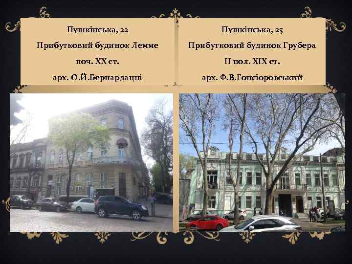 Пушкінська, 22 Пушкінська, 25 Прибутковий будинок Лемме Прибутковий будинок Грубера поч. XX ст. II