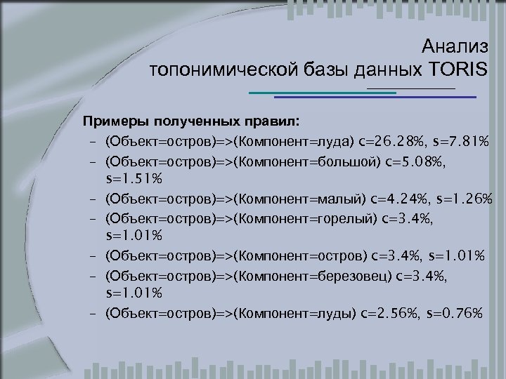 Анализ топонимической базы данных TORIS Примеры полученных правил: – (Объект=остров)=>(Компонент=луда) c=26. 28%, s=7. 81%