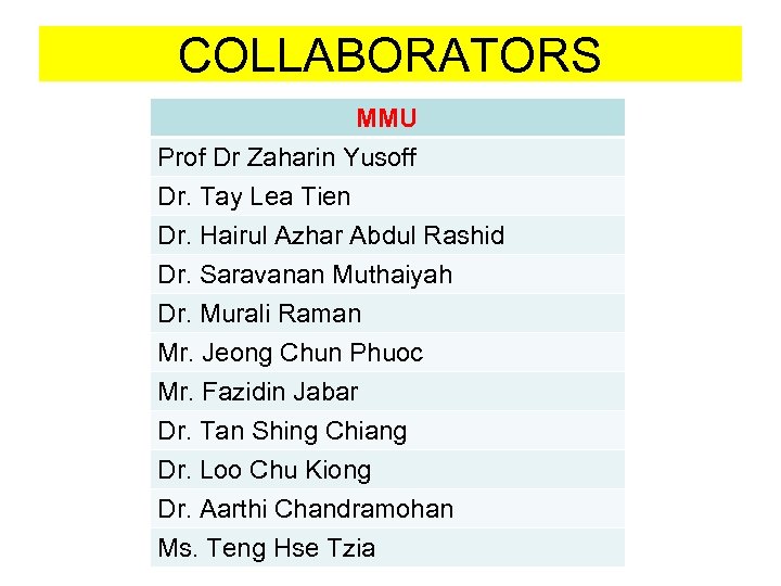 COLLABORATORS MMU Prof Dr Zaharin Yusoff Dr. Tay Lea Tien Dr. Hairul Azhar Abdul