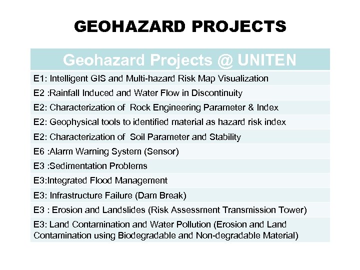 GEOHAZARD PROJECTS Geohazard Projects @ UNITEN E 1: Intelligent GIS and Multi-hazard Risk Map