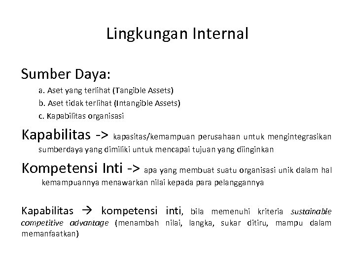 Lingkungan Internal Sumber Daya: a. Aset yang terlihat (Tangible Assets) b. Aset tidak terlihat