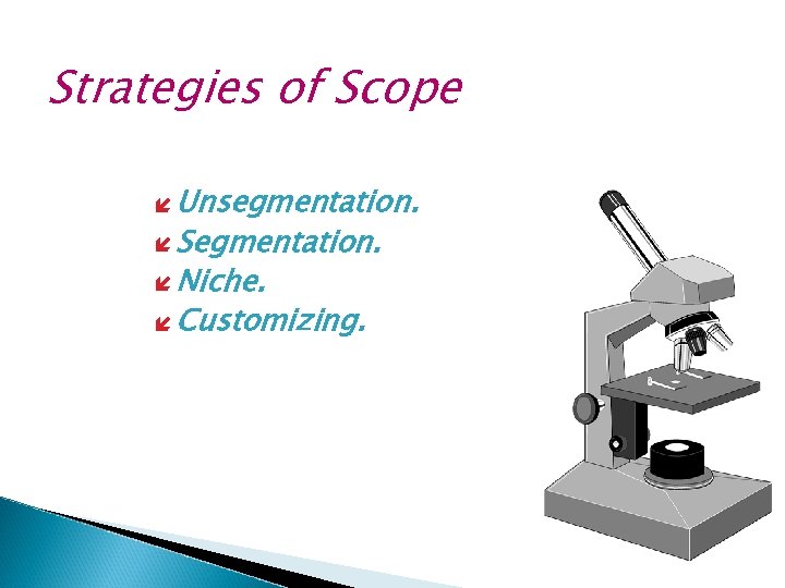 Strategies of Scope í Unsegmentation. í Segmentation. í Niche. í Customizing. 