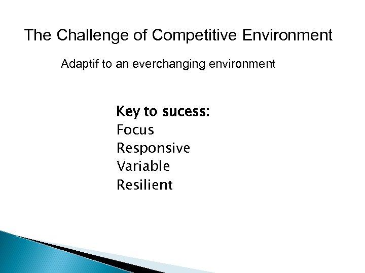 The Challenge of Competitive Environment Adaptif to an everchanging environment Key to sucess: Focus