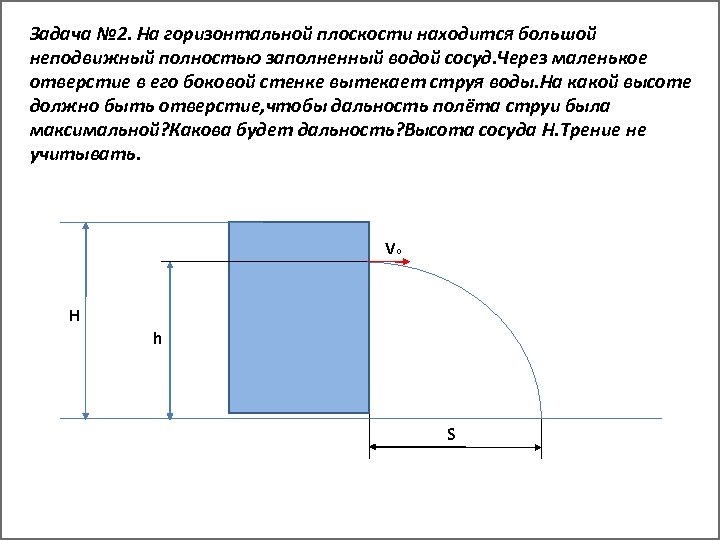 Задача № 2. На горизонтальной плоскости находится большой неподвижный полностью заполненный водой сосуд. Через