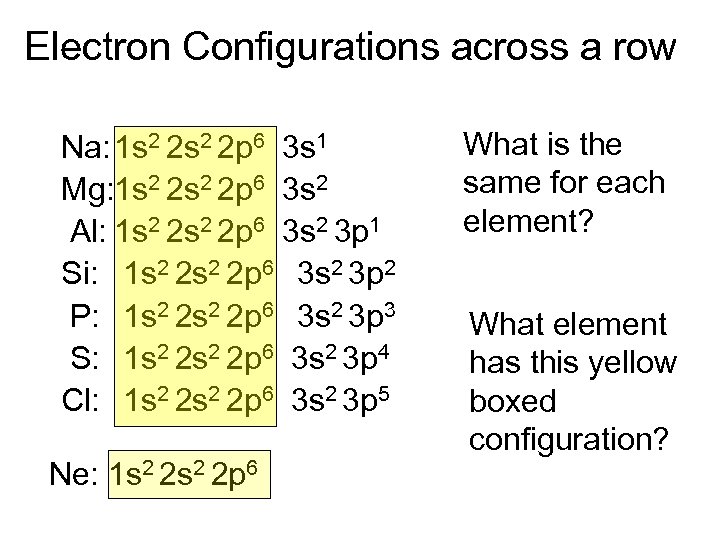 Electron Configurations across a row Na: 1 s 2 2 p 6 3 s