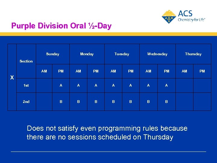 Purple Division Oral ½-Day Sunday Monday Tuesday Wednesday Thursday Section AM PM AM PM