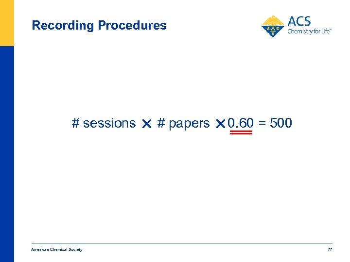Recording Procedures # sessions # papers 0. 60 = 500 American Chemical Society 77