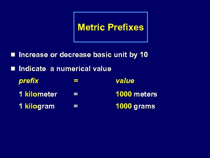 Metric Prefixes n Increase or decrease basic unit by 10 n Indicate a numerical