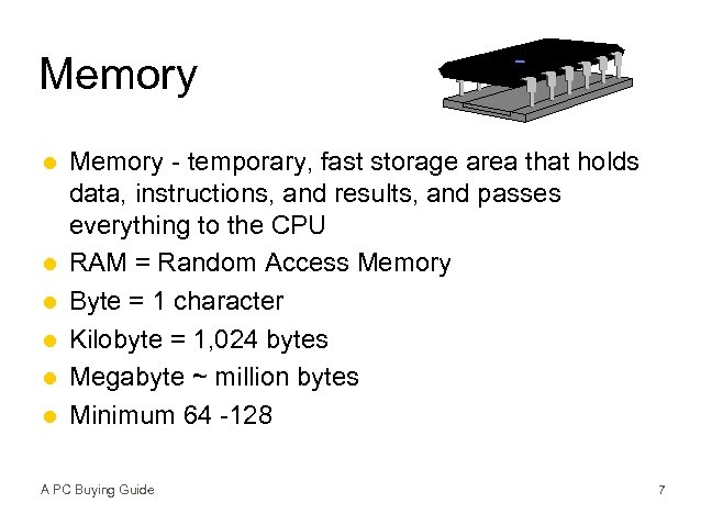 Memory l l l Memory - temporary, fast storage area that holds data, instructions,