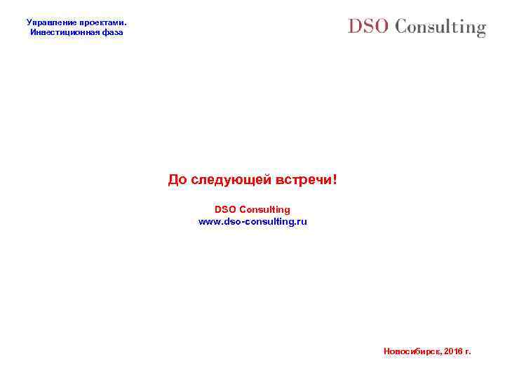 Управление проектами. Инвестиционная фаза До следующей встречи! DSO Consulting www. dso-consulting. ru Новосибирск, 2016