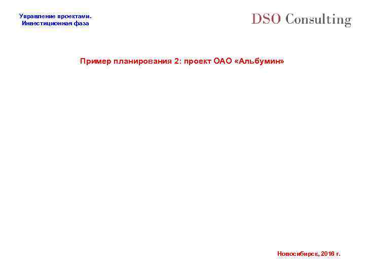 Управление проектами. Инвестиционная фаза Пример планирования 2: проект ОАО «Альбумин» Новосибирск, 2016 г. 