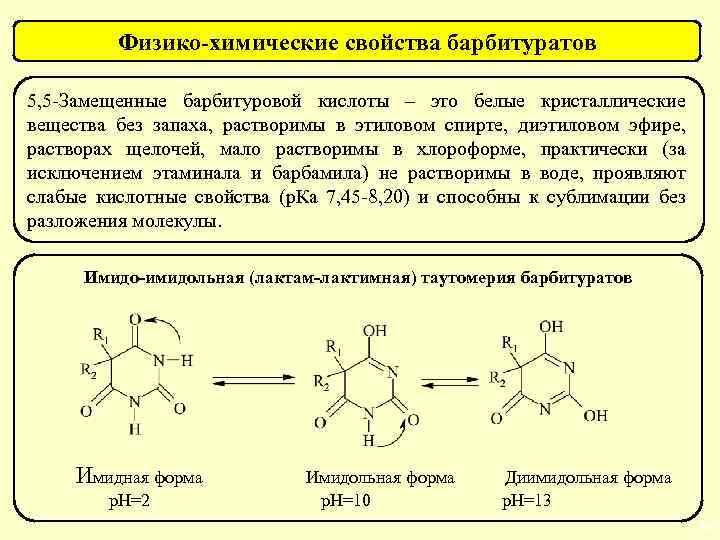 Физико-химические свойства барбитуратов 5, 5 -Замещенные барбитуровой кислоты – это белые кристаллические вещества без