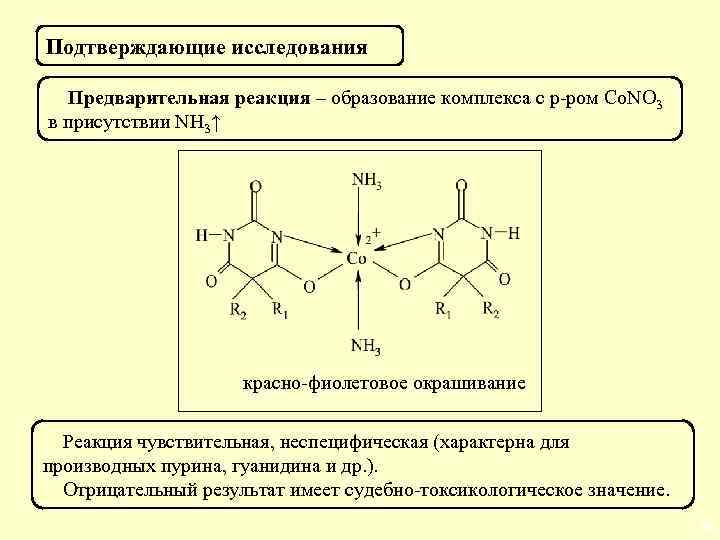 Подтверждено исследованиями. Реакции образования комплексов. Характерная реакция для производных Пурина. Реакции в токсикологической химии. Подтверждающие реакции токсикология.