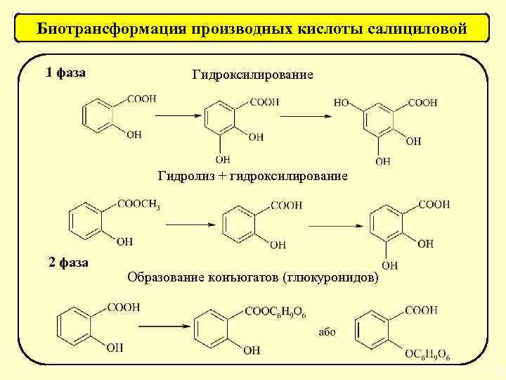 Биотрансформация производных кислоты салициловой 1 фаза Гидроксилирование Гидролиз + гидроксилирование 2 фаза Образование конъюгатов