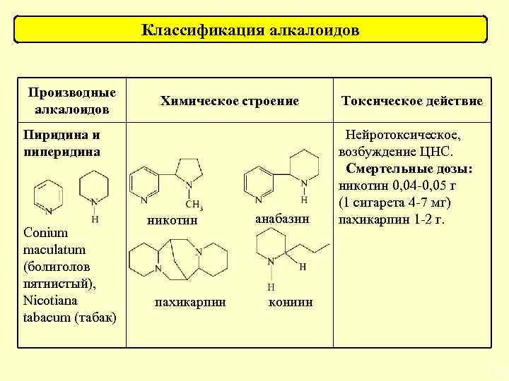 Классификация алкалоидов Производные алкалоидов Химическое строение Пиридина и пиперидина Conium maculatum (болиголов пятнистый), Nicotiana