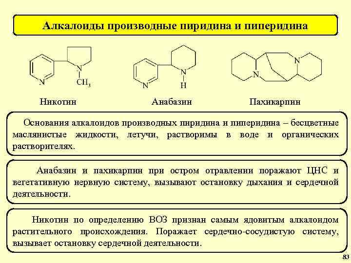 Алкалоиды производные пиридина и пиперидина Никотин Анабазин Пахикарпин Основания алкалоидов производных пиридина и пиперидина