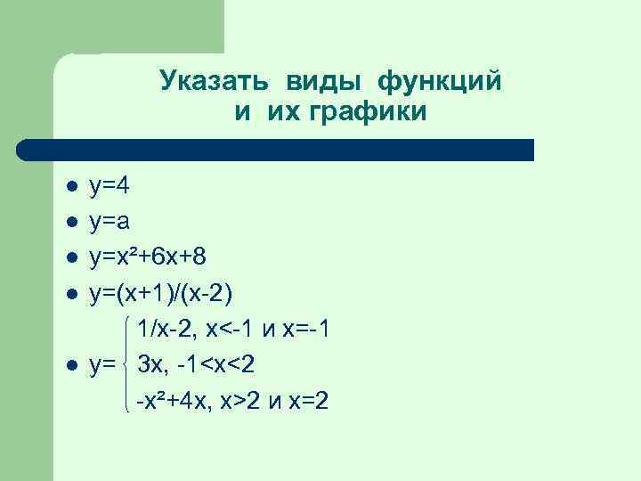 Указать виды функций и их графики l l l у=4 у=а y=x²+6 x+8 y=(x+1)/(x-2)